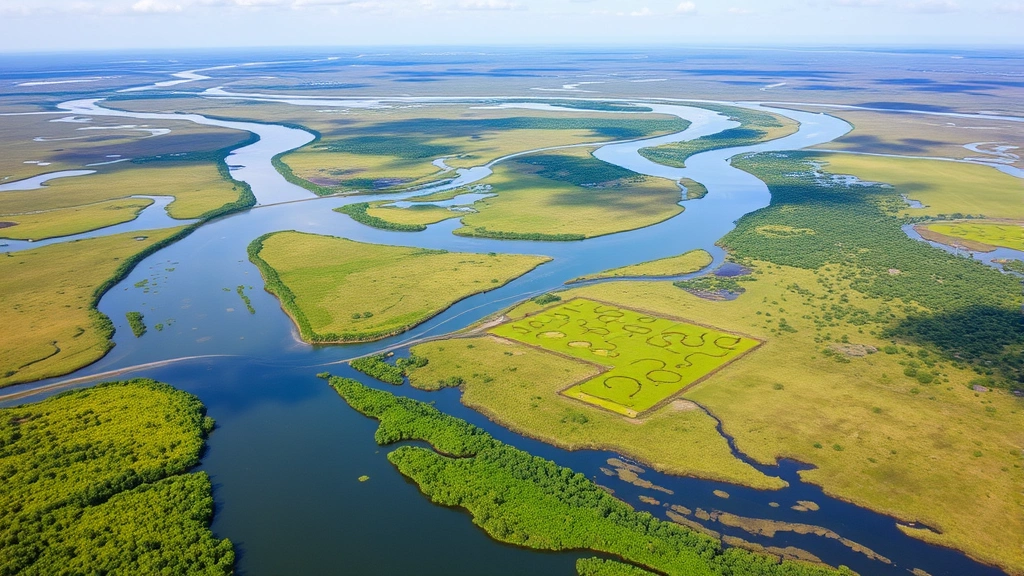 Expansive natural landscape showing river delta wetlands with diverse vegetation, water channels, and wildlife habitat, emphasizing ecosystem connectivity and restoration potential
