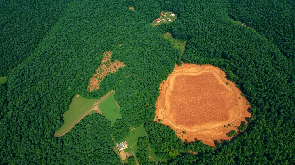 Aerial view of deforestation boundary showing cleared agricultural land adjacent to intact tropical rainforest canopy, demonstrating habitat conversion scale and fragmentation patterns in humid equatorial landscape