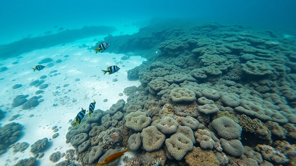 Underwater coral reef ecosystem showing bleached white corals alongside healthy brown corals, with tropical fish species swimming through degraded and vibrant sections, illustrating climate change impacts on marine biodiversity