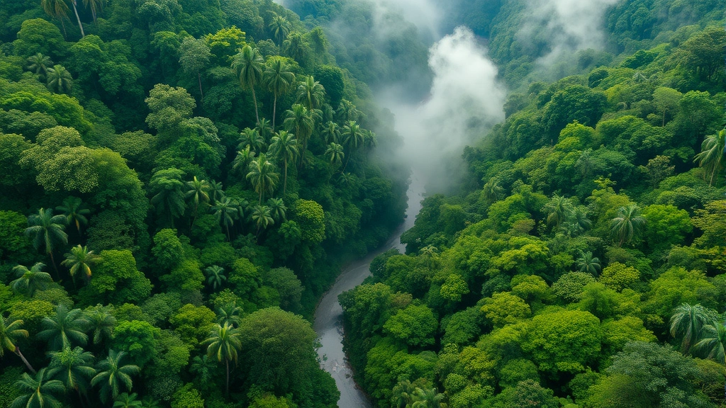 Aerial view of lush tropical rainforest canopy with winding river, morning mist rising from dense green vegetation, photorealistic, natural lighting, no text or labels