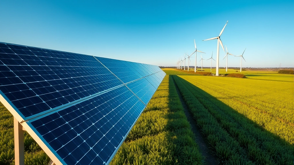 Solar panels and wind turbines in open landscape with green fields, sustainable energy infrastructure, clear blue sky, photorealistic imagery, no text overlay