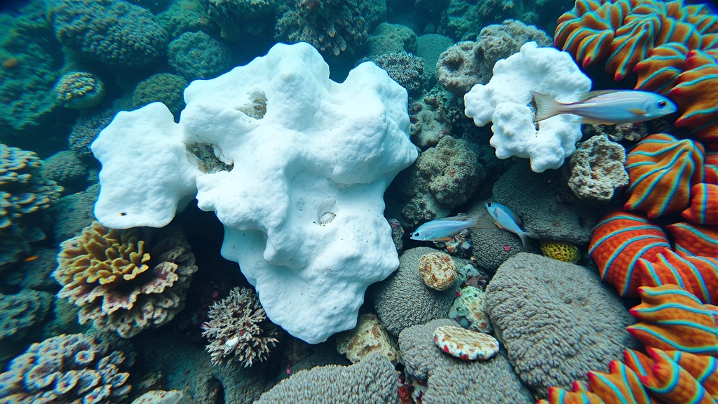 Underwater coral reef ecosystem showing bleached white corals alongside healthy colorful corals, with small tropical fish swimming through the degraded structure, demonstrating climate change impacts
