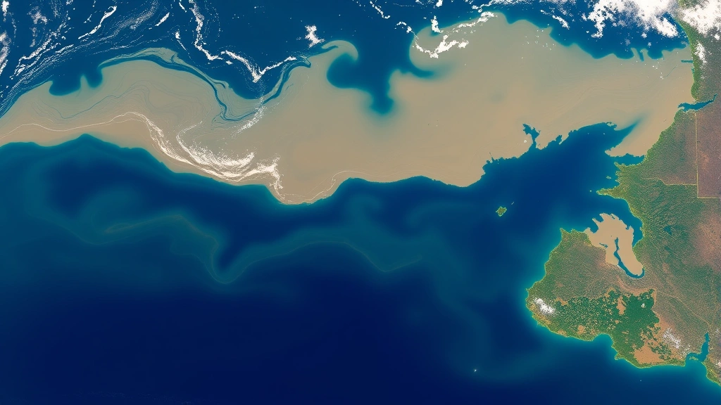 Satellite perspective of a large river delta meeting ocean, showing sediment plumes and visible pollution discoloration in water, with coastal wetlands and mangrove forests visible along shoreline