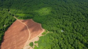 Aerial view of deforestation showing sharp contrast between cleared agricultural land and remaining tropical forest canopy, photorealistic, natural lighting, no text or labels