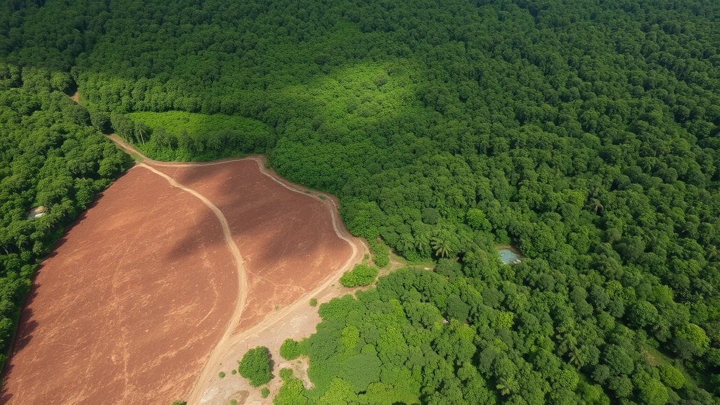 Aerial view of deforestation showing sharp contrast between cleared agricultural land and remaining tropical forest canopy, photorealistic, natural lighting, no text or labels