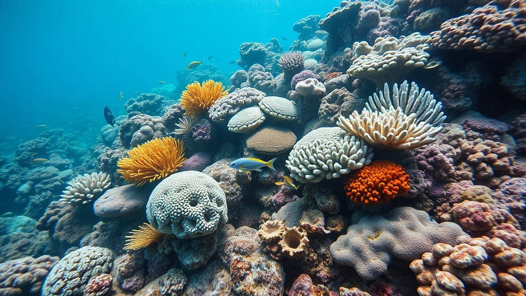 Underwater coral reef ecosystem with both healthy vibrant corals and bleached white coral sections, fish swimming through diverse coral structures, clear ocean water, photorealistic perspective