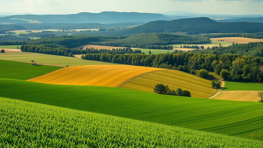 Layered landscape showing industrial agriculture monoculture fields in foreground transitioning to fragmented forest patches in background, demonstrating habitat fragmentation effects, photorealistic, natural colors