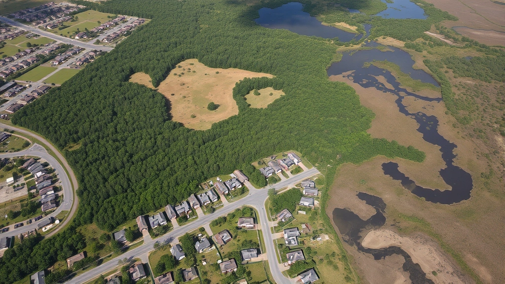Aerial view of low-income housing development adjacent to fragmented forest patches and wetland areas, showing contrast between built environment and natural landscape with visible habitat loss boundaries