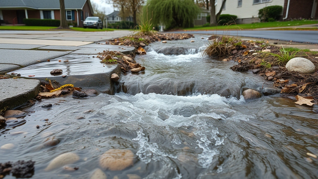 Stormwater runoff flowing from impervious surfaces of residential area into natural stream, showing water quality degradation and pollution with visible sediment and urban debris