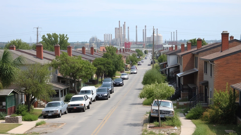 Dense low-income residential neighborhood with minimal vegetation, aging vehicles parked on streets, industrial facility visible in background, demonstrating air quality and environmental justice concerns
