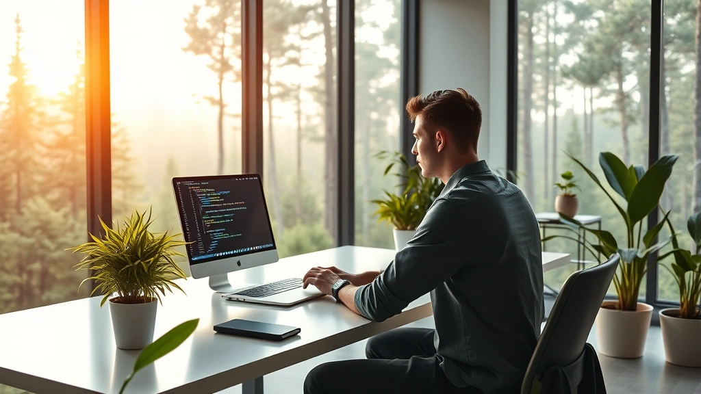 A developer working at a sleek modern desk with a laptop displaying colorful code on screen, surrounded by natural green plants and large windows showing a sustainable forest landscape outside, warm afternoon lighting, photorealistic