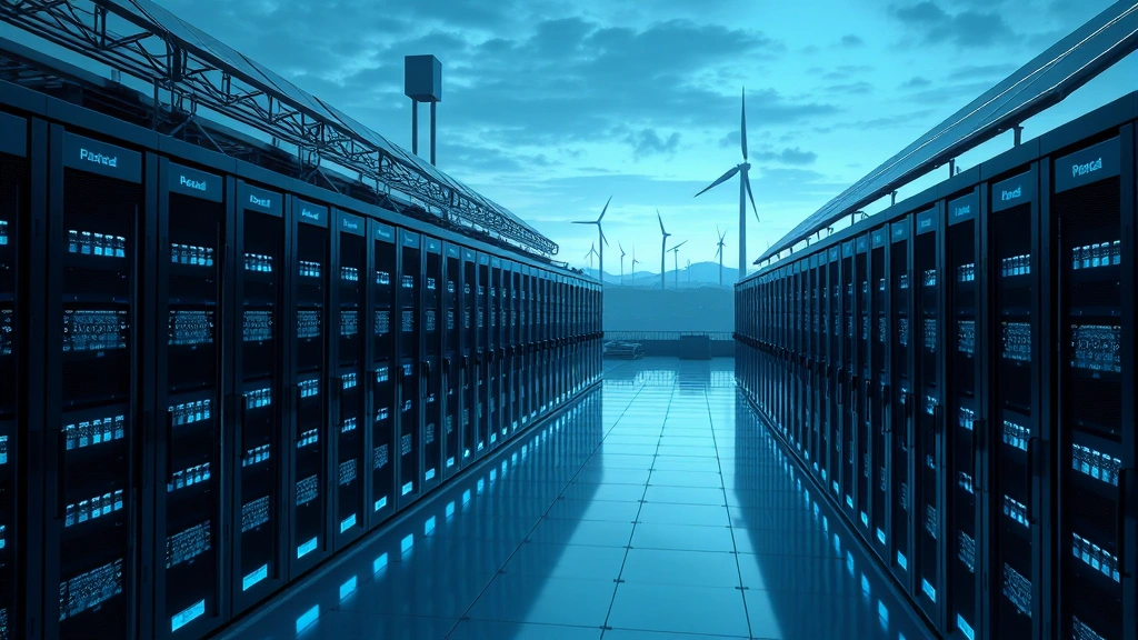 A sprawling data center facility with rows of server racks emitting gentle blue light, solar panels visible on the roof, wind turbines in the distant background, cool atmospheric lighting, photorealistic