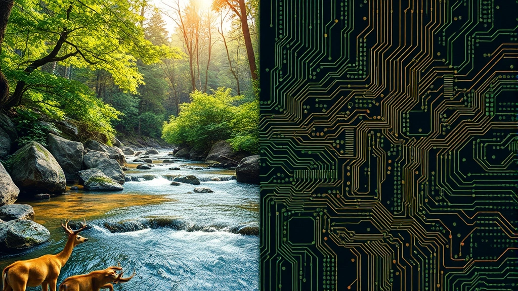 A split-screen composition showing on one side a pristine natural ecosystem with flowing water and diverse wildlife, and on the other side circuit board patterns and digital code flowing together, representing technology and nature integration, photorealistic