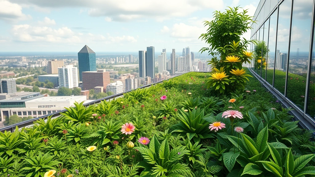 Lush green rooftop garden with native plants and flowering species overlooking modern office building and urban landscape, natural daylight, biodiversity visible, photorealistic
