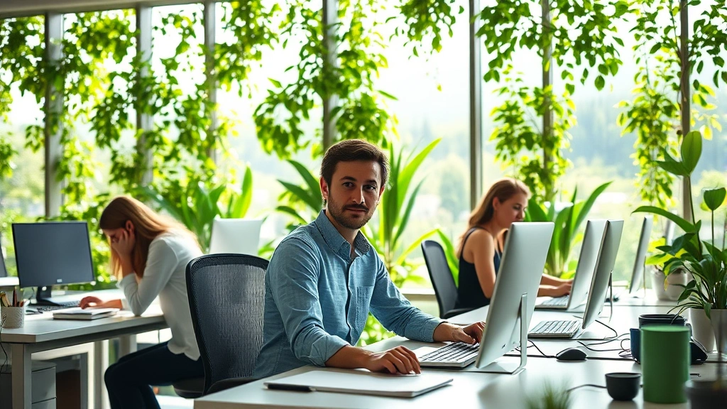 Employees working at desks with abundant natural light streaming through large windows, living plant walls behind them, views of green landscape outside, calm focused expressions, photorealistic