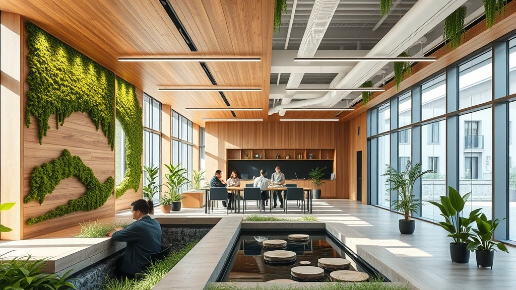 Modern office interior with biophilic design featuring wood elements, living moss walls, natural materials, water feature, employees collaborating in naturally lit space surrounded by vegetation, photorealistic