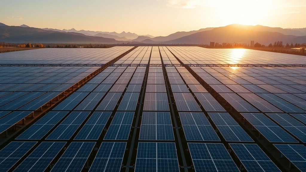 Photorealistic aerial view of vast renewable solar panel farm stretching across landscape with mountains in background, golden sunlight reflecting off panels, no text visible, representing clean energy transition and sustainable infrastructure investment.