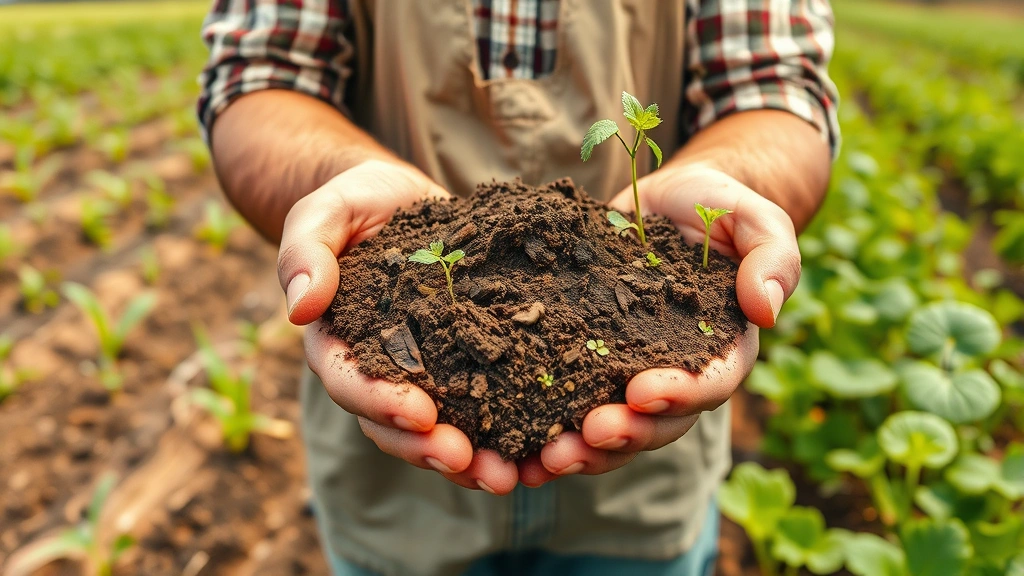 Photorealistic image of farmer in regenerative agriculture field with healthy soil being held in hands, diverse crop plants growing nearby, natural sunlight, vibrant earth tones, demonstrating circular economy principles and sustainable food production.