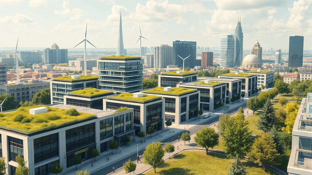 Photorealistic cityscape showing modern sustainable urban development with green rooftops, wind turbines on buildings, electric buses and bicycles, people walking in parks, integrated nature within urban environment, representing institutional transformation toward livable cities.