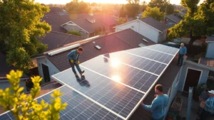 Diverse group of workers installing solar panels on residential rooftops in a low-income neighborhood, morning sunlight reflecting off panels, green trees visible, community members observing installation