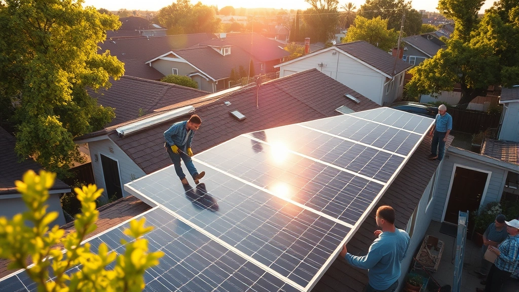 Diverse group of workers installing solar panels on residential rooftops in a low-income neighborhood, morning sunlight reflecting off panels, green trees visible, community members observing installation