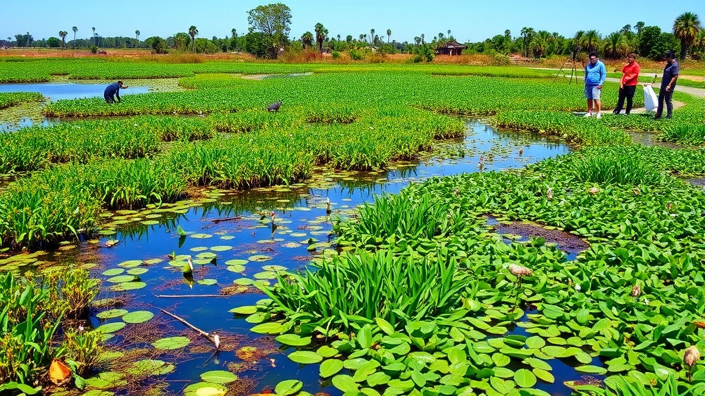 Restored wetland ecosystem with native vegetation, water birds, and community members conducting environmental monitoring, lush green plants surrounding clear water, diverse habitats visible in background