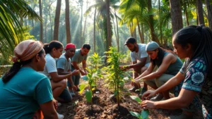 Diverse community members working together in a lush tropical forest restoration project, planting native trees and checking soil health, morning sunlight filtering through canopy, showing cultural diversity and environmental stewardship in action