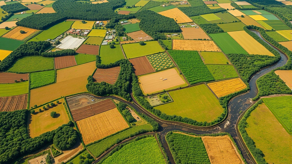 Aerial view of thriving mosaic landscape showing regenerative agricultural fields with varied crops, forests, and wetlands interspersed, healthy soil visible where crops grow, clear water flowing through natural channels, demonstrating integrated ecosystem and economic productivity