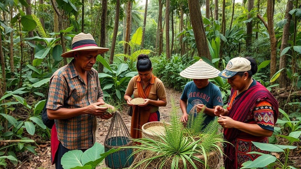 Indigenous community members at a sustainable harvest in biodiverse forest, collecting medicinal plants and sustainable forest products, with rich biodiversity visible around them including birds and wildlife, showing traditional knowledge and modern conservation working together