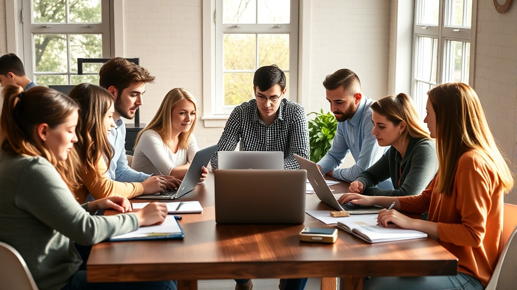 Diverse group of students and professor collaborating around wooden table with natural light streaming through windows, laptops and notebooks visible, genuine engagement and discussion happening