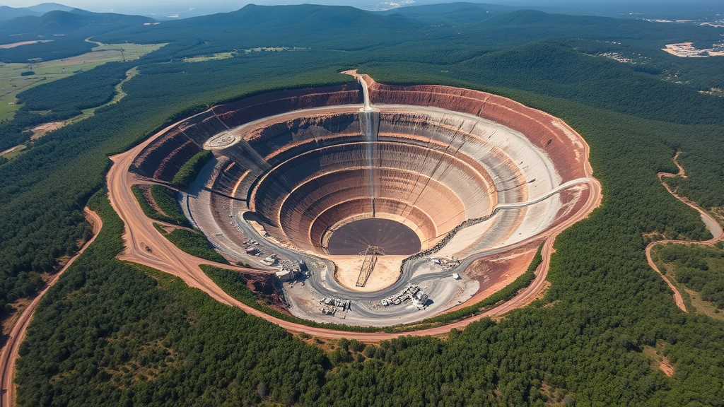 Aerial view of mining operation creating massive open pit with exposed brown earth and rock surrounded by remaining forested areas, demonstrating habitat fragmentation and landscape transformation