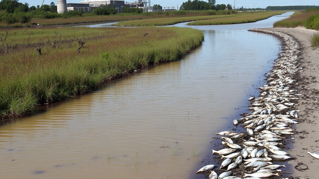Polluted industrial waterway with discolored water flowing past manufacturing facility, marsh vegetation stressed and browning, oil sheen visible on water surface, dead fish along shoreline