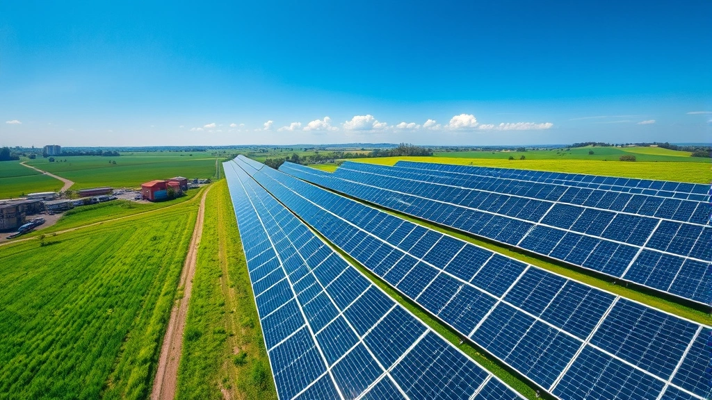 Aerial view of modern solar panel farm with lush green fields and blue sky, showing clean energy infrastructure integrated with natural landscape, photorealistic