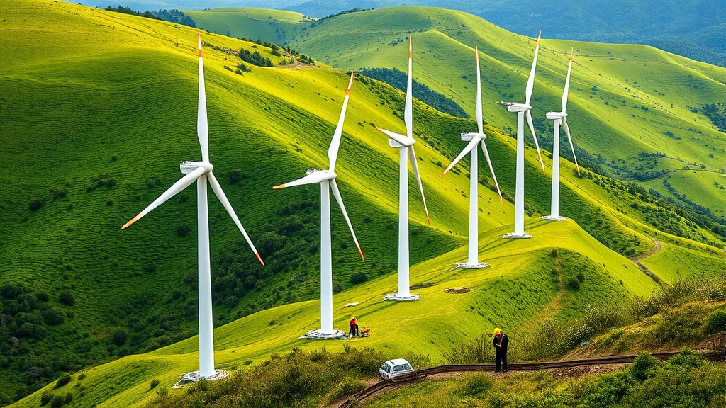 Wind turbines on green hillside with workers in safety gear installing equipment, renewable energy construction, vibrant natural setting, photorealistic