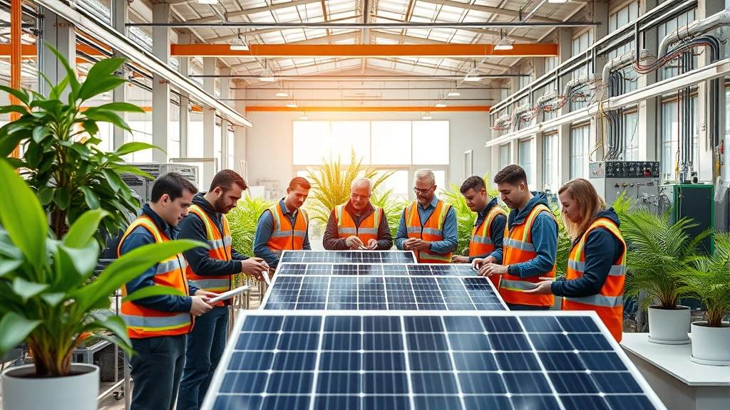 Diverse team of engineers and technicians in sustainable manufacturing facility, assembling renewable energy components, bright industrial workspace with green plants, photorealistic