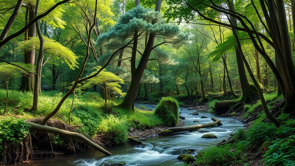 Natural forest ecosystem with diverse canopy layers, flowing river, and wildlife habitat demonstrating ecosystem services including water purification, carbon storage, and species protection