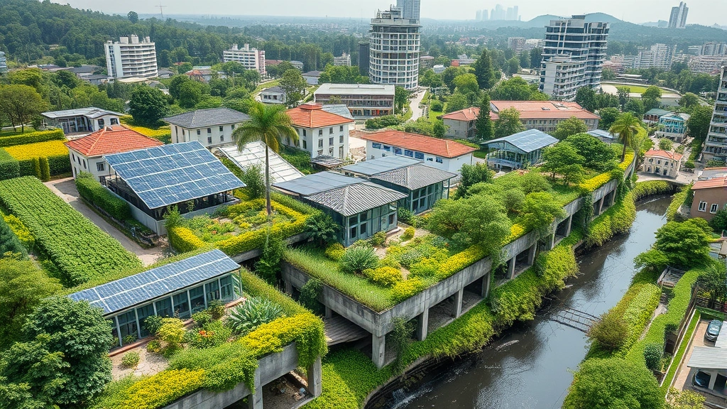 Sustainable urban landscape with green infrastructure, renewable energy installations, thriving vegetation, water management systems demonstrating integrated ecological-economic design