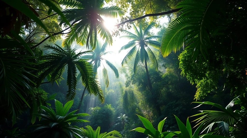 Dense tropical rainforest canopy with sunlight filtering through layers of green foliage, revealing rich biodiversity and ecosystem complexity, photorealistic, no text