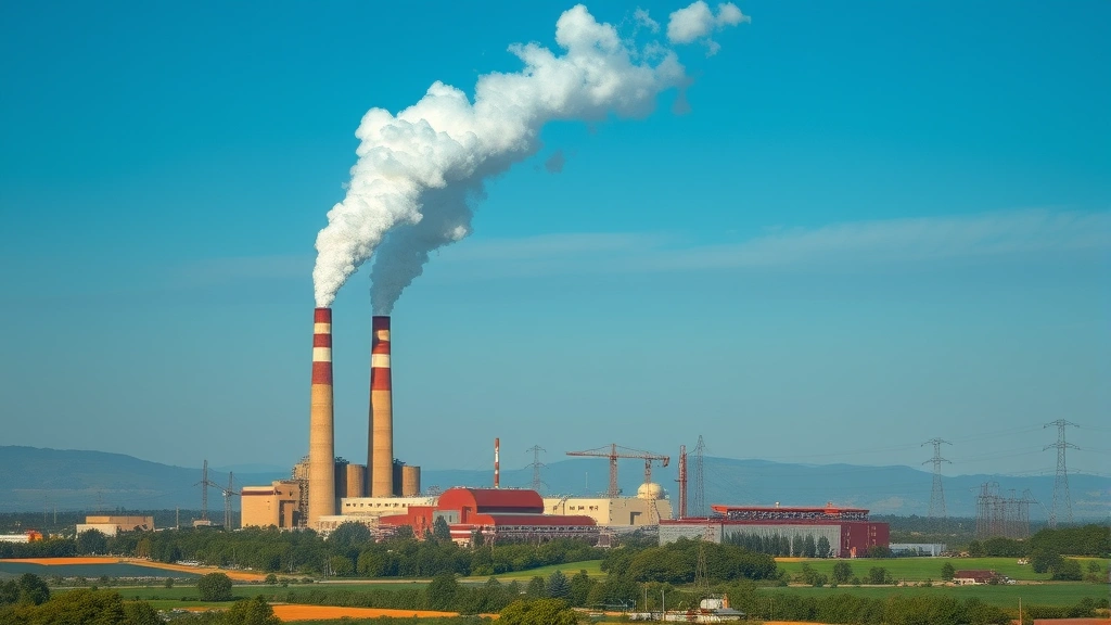 Industrial manufacturing facility with smokestacks releasing emissions into sky above surrounding landscape, contrasting human infrastructure with natural environment, photorealistic, no text