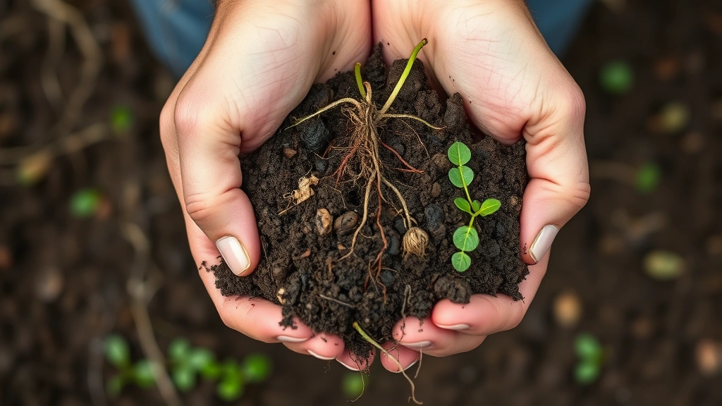 Hands holding rich soil with roots and microorganisms visible, representing natural capital and ecosystem services, photorealistic, no text