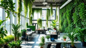Lush green office workspace with living walls, natural light streaming through large windows, employees working at desks surrounded by thriving potted plants, professional yet biophilic interior design, modern sustainability in action
