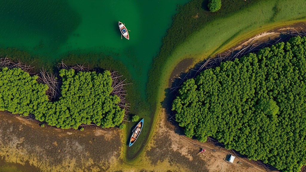 Aerial view of restored mangrove forests meeting coastal waters, dense vegetation creating natural flood barriers, fishing boats in clear water, ecosystem services in action, vibrant natural colors, ecological restoration landscape