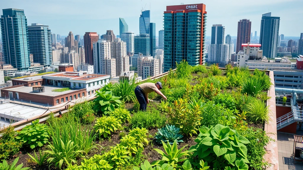 Urban rooftop garden with native plants, green buildings visible in background, city skyline, biodiversity thriving in urban setting, people tending plants, integration of nature and city economy, sustainable infrastructure visible