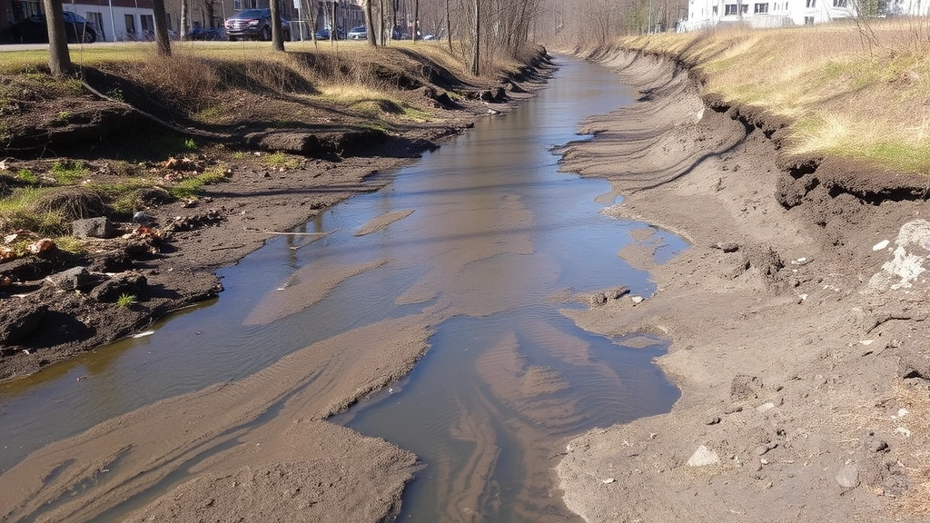 Stream ecosystem with visible water quality degradation, murky water with sediment, eroded banks from urban stormwater runoff in developed area