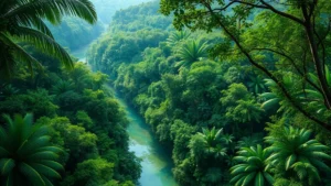 Lush tropical forest canopy with pristine river below, biodiversity abundance representing natural capital and ecosystem services supporting economic value, photorealistic aerial perspective