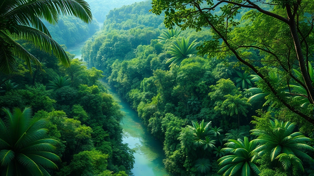 Lush tropical forest canopy with pristine river below, biodiversity abundance representing natural capital and ecosystem services supporting economic value, photorealistic aerial perspective