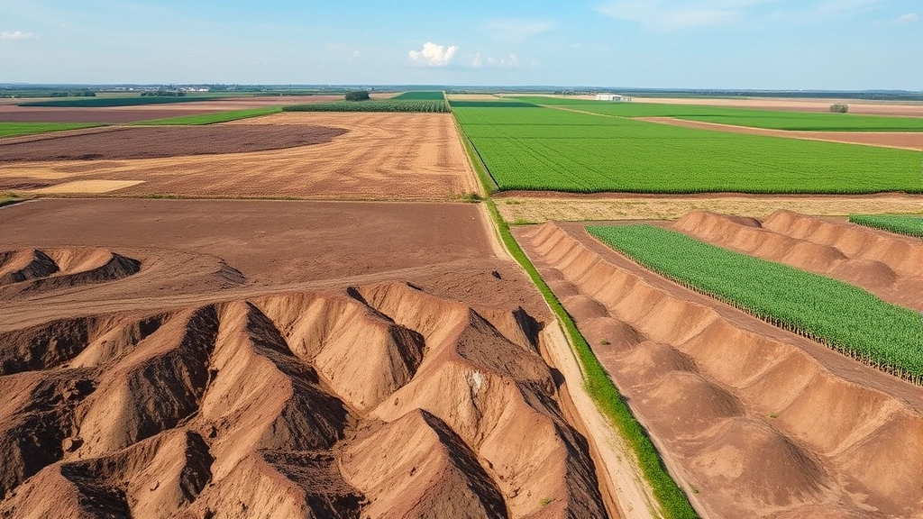 Industrial agricultural landscape showing soil erosion patterns and degraded fields contrasting with healthy green crops, demonstrating environmental degradation's economic productivity impacts