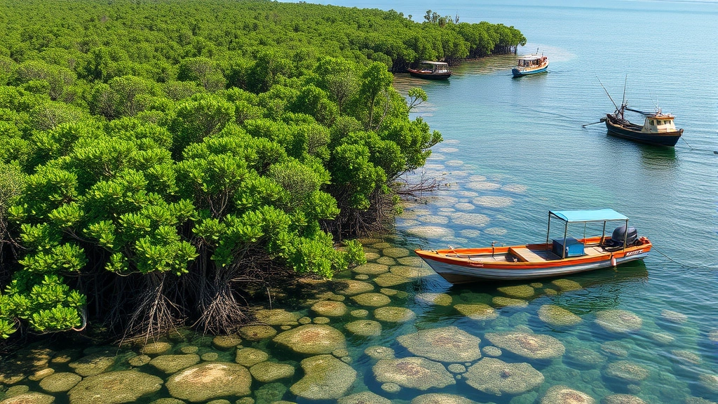 Coastal ecosystem with healthy mangrove forests, coral reefs, and fishing boats, representing integrated natural and economic systems where environmental health enables economic prosperity