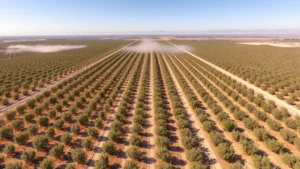 Aerial view of vast almond orchards in California Central Valley stretching to horizon, showing uniform rows of almond trees under clear sky, with visible irrigation channels and dust, photorealistic