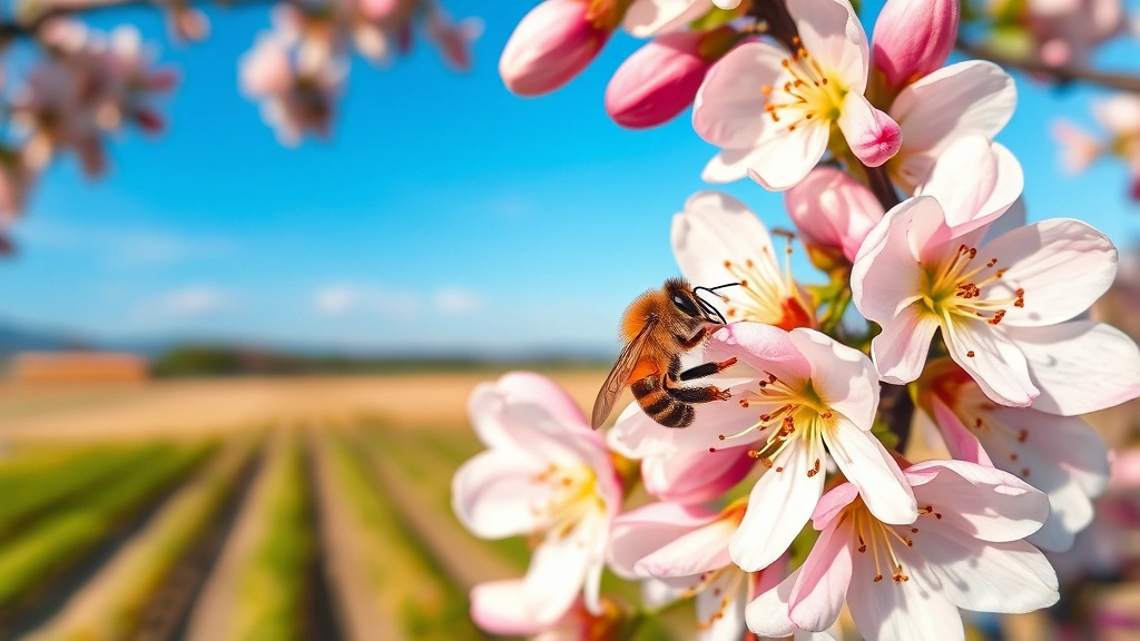 Close-up of honeybees pollinating almond blossoms in spring, with pink-white flowers and bee detail, surrounding agricultural landscape softly blurred in background, photorealistic natural lighting